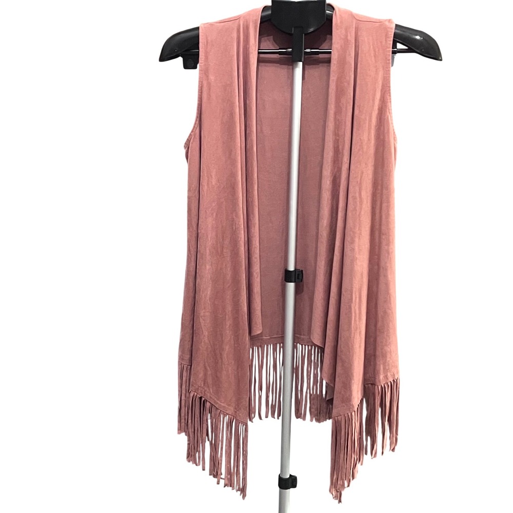 Pink Rose Womens Faux Suede Fringe Vest Mauve Boho Western Draped Open Front M